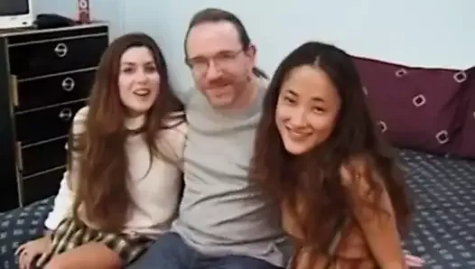 Classic oldman facialize young threeway babes