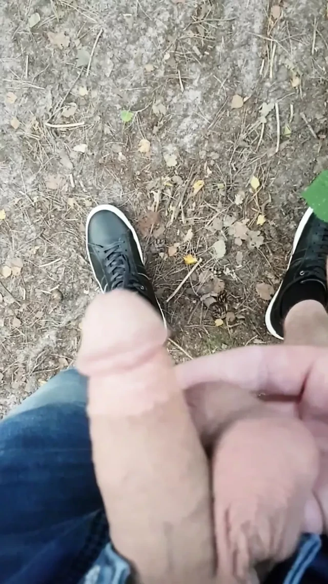 Got caught walking my cock and big shaved balls around public lake and stranger jerks me off to hot creamy cumshot