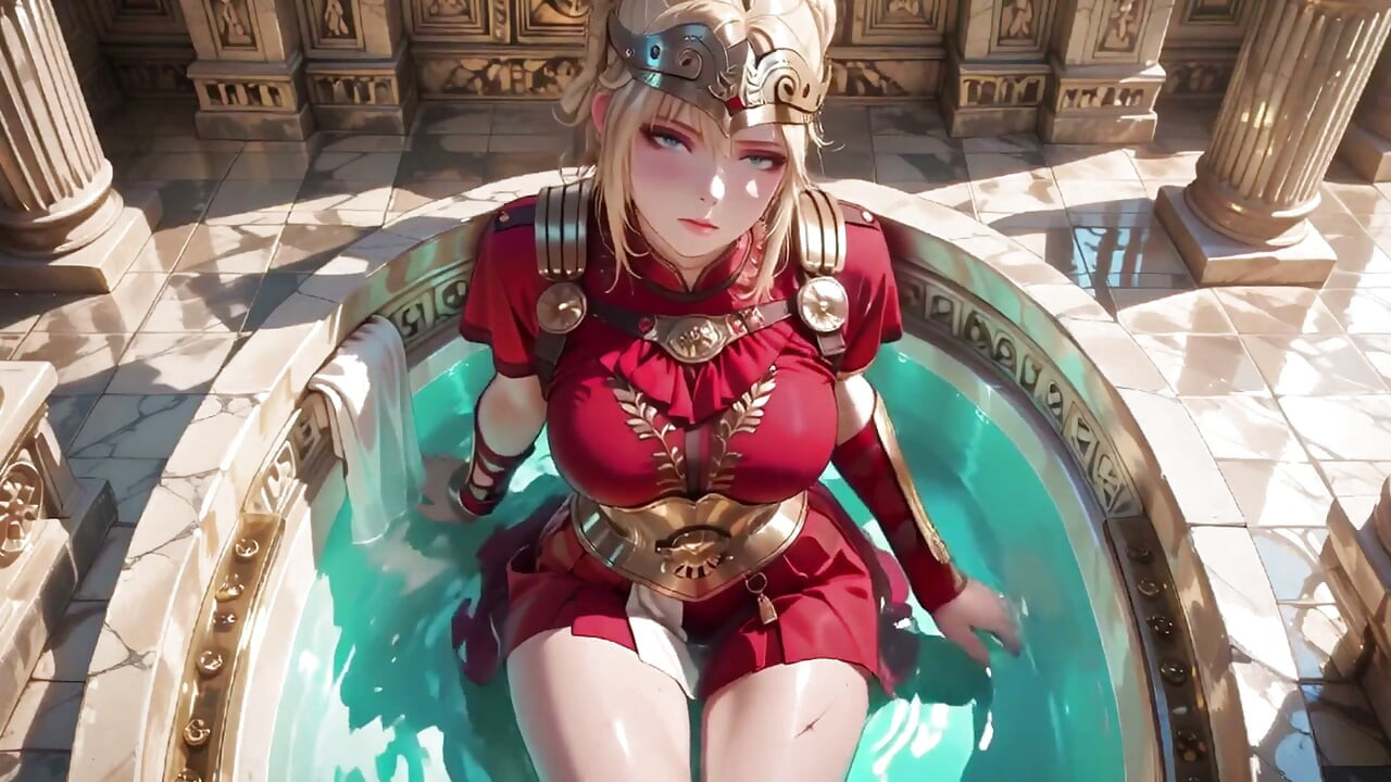 Red Armor Queen! Gaze in the Roman Corridor, Skirt Lift Reveal, Hand on Lips Teasing You...