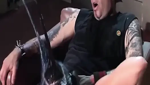 Blue Haired MILF Gags Hard on Handcuffed Stud's Cock