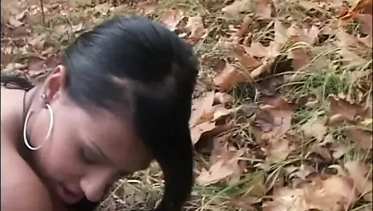 Güzel memeli genç zenci kadın ormanda büyük bir yarakla sikiliyor ve ağzına boşaltıyor