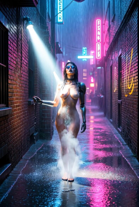 Cyborg Goth Nyx Walking Through a Neon Alley