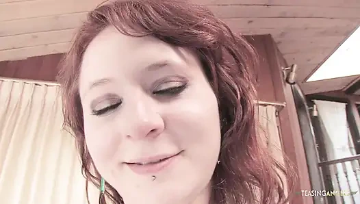 Redhead babe gets picked up and penetrated without mercy