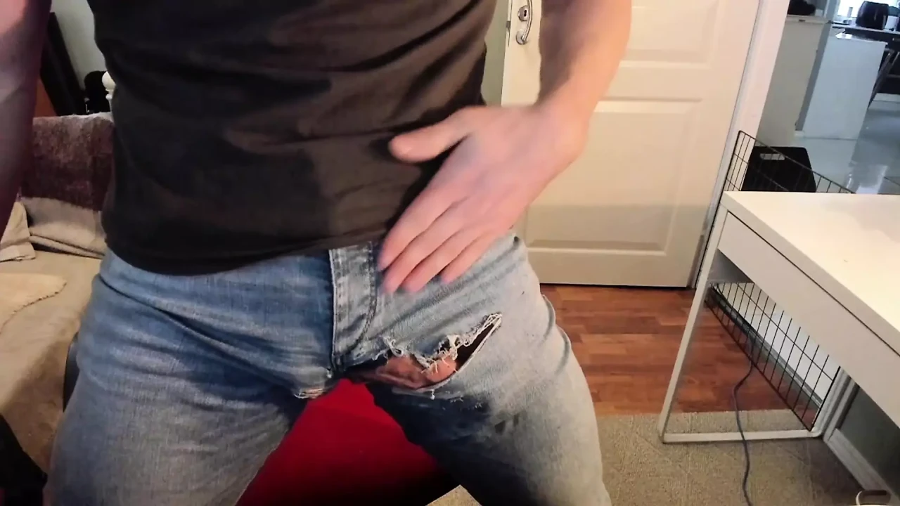 Rubbing my big cock in ripped jeans