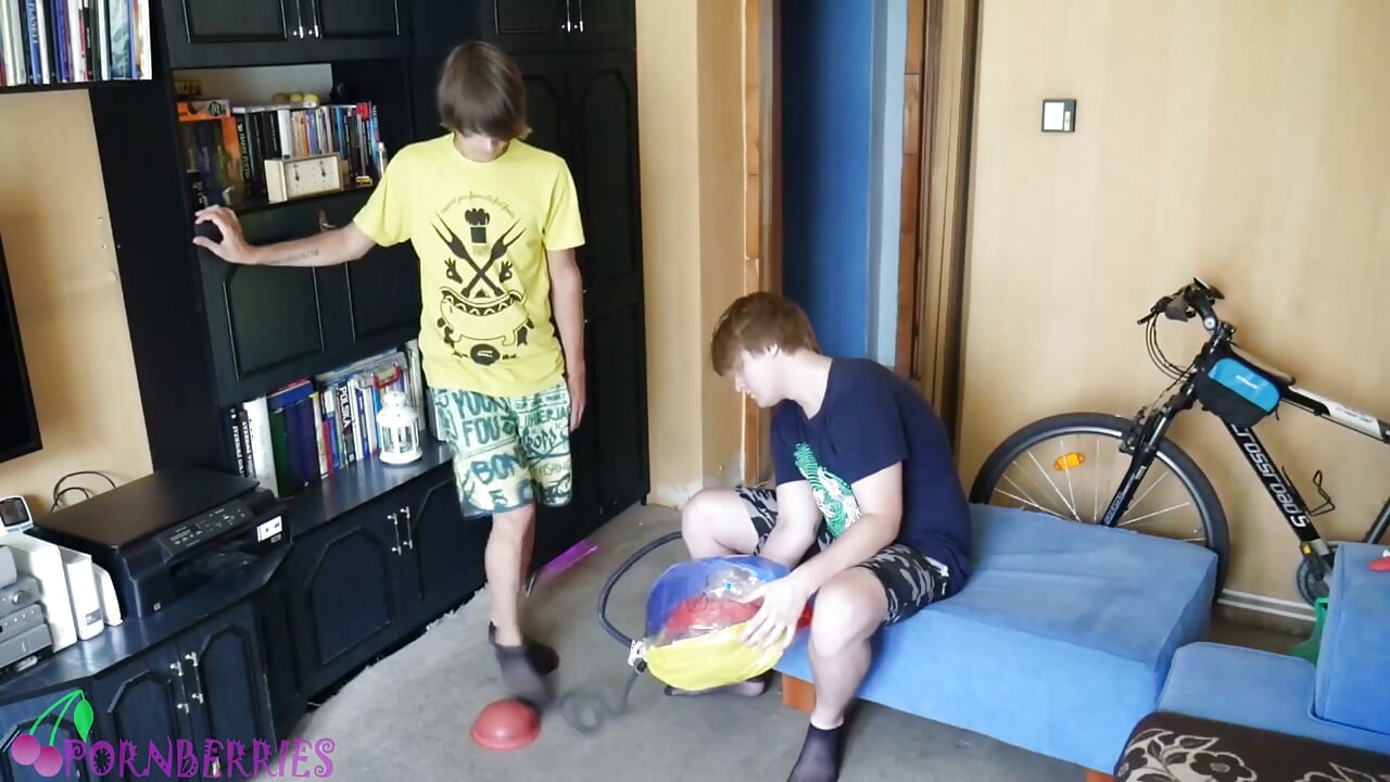 Thin, black socks blowing up balloons + footjob