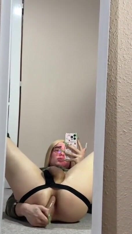 Blonde femboy playing with ass and cock in the mirror | Clip 1