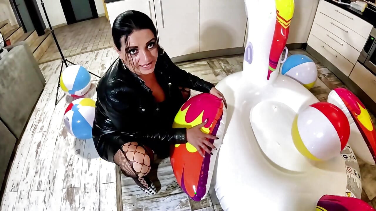 Dominant Biker Leather MILF Inflatable Office Fantasy. Beach Balls, Oral, Doggy and Cum Play