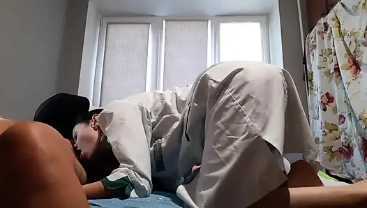 Two nurses fuck a patient (foot fetish, cunnilingus, nipple licking)