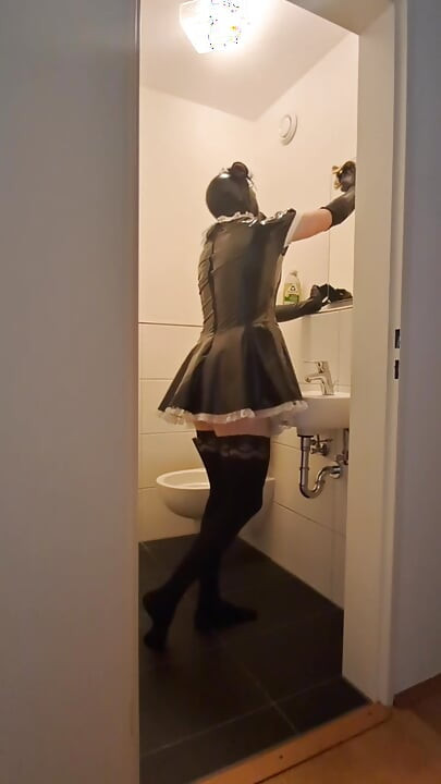 Caged Sissy Maid Slave - Cleaning the Bathroom for Mistress and Her Boyfriend