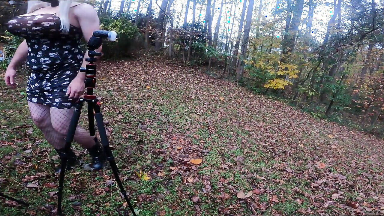 Giant Fake Tits Crossdresser Walk in the Woods Behind the Scenes Photo Shoot