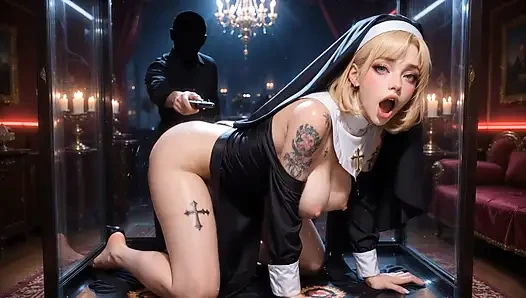 Hentai 3D silikon-sexpuppe tätowierte nonnen-schlampe im glaskäfig - große titten Ahegao 8K