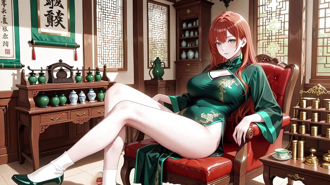Red Hair & Emerald Qipao! Lazy Seduction in the Eastern Courtyard.
