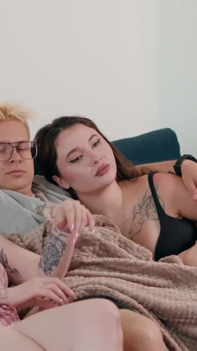 Step Sis Gives Her Step Brother a Secret Blowjob Under the Blanket While His Girlfriend Watches the Movie | Clip 1
