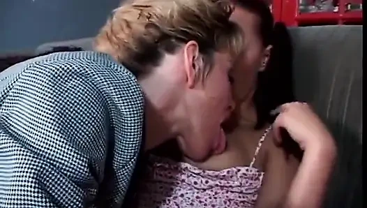 Big boobed mature and brunette teen having passionate dyke sex