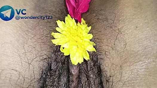 Hot romance with flowers in cute and wet pussy