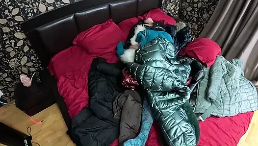 Shiny Downjacket Fetish MILF. Multiple Jackets, Rough Fuck and Cum All Over My Coat