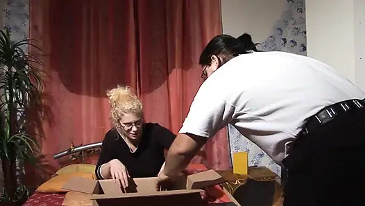 Bitch masturbates with a dildo then bends over for a hard fuck