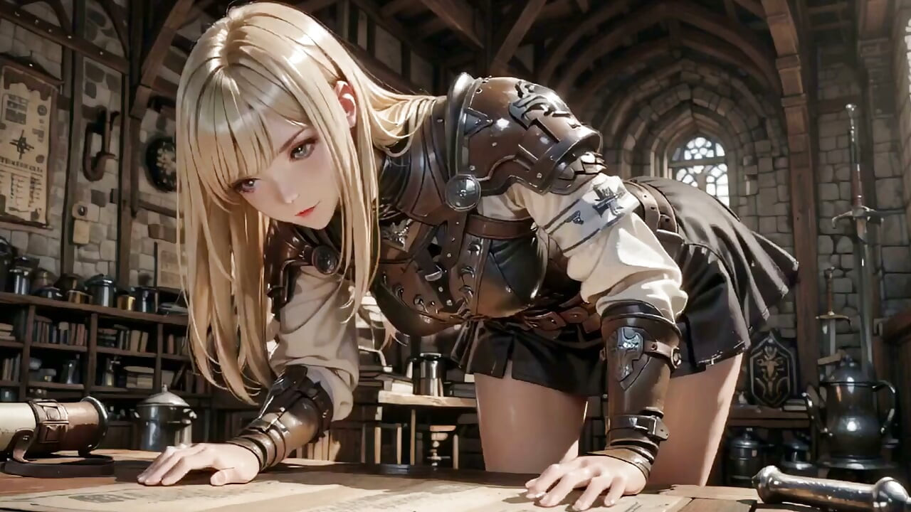 Blonde Knight's Private Awakening! Kneeling in the Castle Courtyard, Sunlight Hitting Her Cold Armor While She Gazes Dreamily.