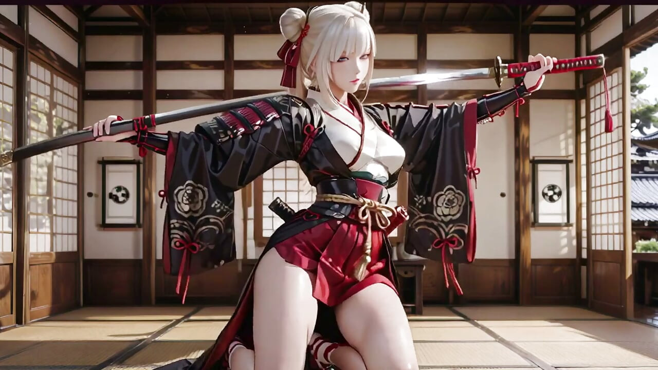 Red & White Kimono Warrior! Kneeling on Tatami with Dual Blades, Silver-Haired Girl's Mesmerizing Gaze.