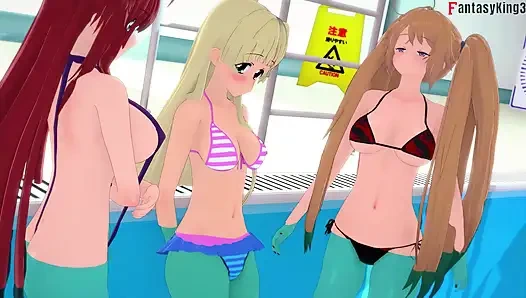 Rias & Akeno Thresome while phonecall and Akeno fucked in public Pool - DXD NTR Madness Series