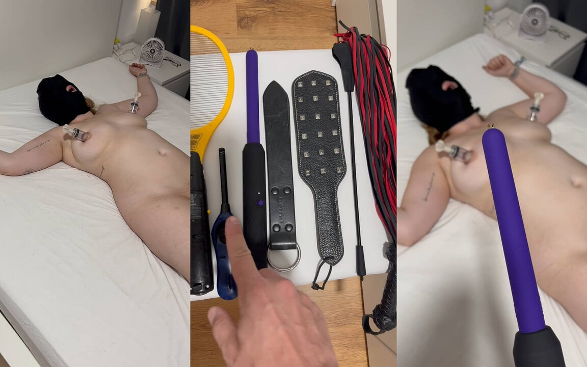 Super Hot BDSM Session Blind & Vulnerable Mask, Chains, Spreader Bar, Pump, Electro