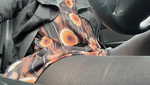 Elegant stepmom drives to the office wearing tights and a beautiful dress