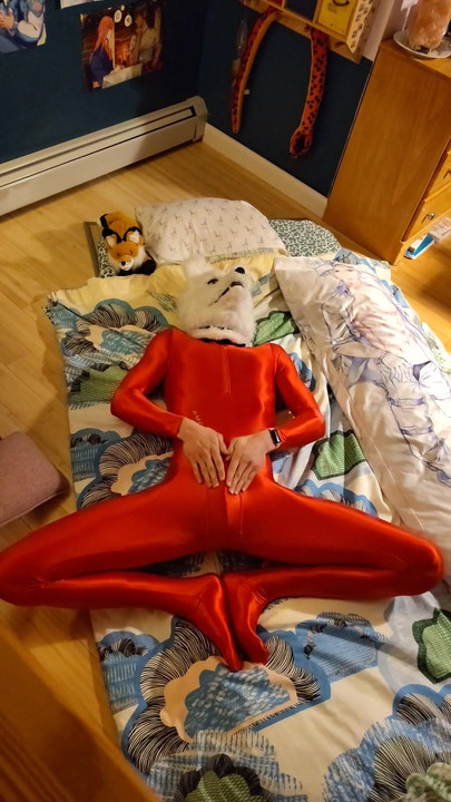 Zapanjujući trenutak iz filma "Fox Furry se igra u crvenom amoresy spandex odijelu"