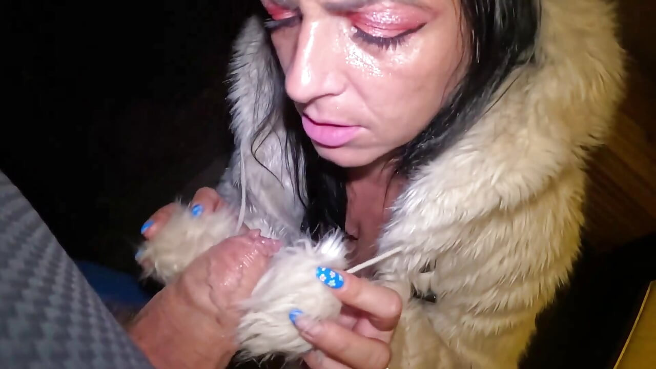 Risky Outdoor & Indoor Blowjob in Stockings & White Fur Coat - Messy Cum Finish 297