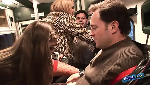 Two naughty nurses fuck hard with two older guys in the ambulance