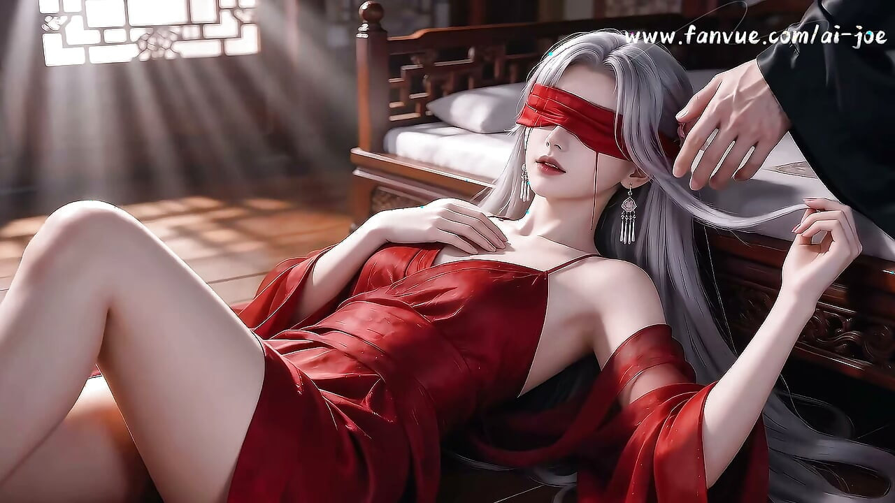 A Chinese classical beauty with skin as white as snow, dressed in red and with white hair. Blowjob, cum, episode-2, AI-generated