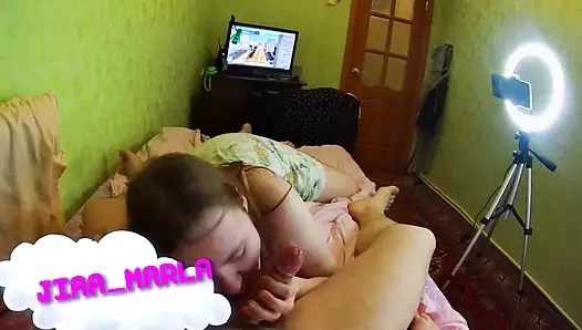 She sucked her neighbor's cock while her wife was away, and got a load of cum in her mouth.