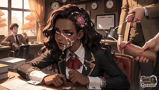 Бурный чернокожий мужчина ударяет студентку, забрызгая подливой на ее лицо. в то же время, он достигает оргазма на столе!