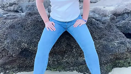 Peeing in Tight Jeans on the Beach