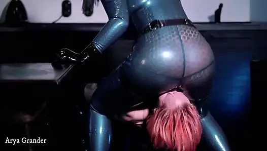 Ass licking and facefuck, latex rubber lesbians, strapon suck