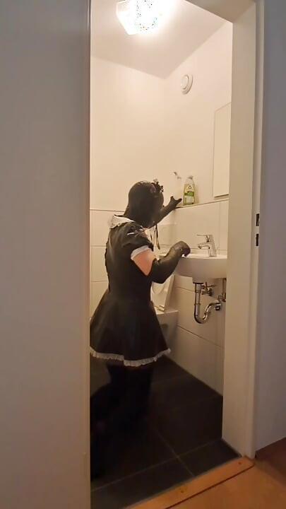 Caged Sissy Maid Slave - Cleaning the Bathroom for Mistress and Her Boyfriend