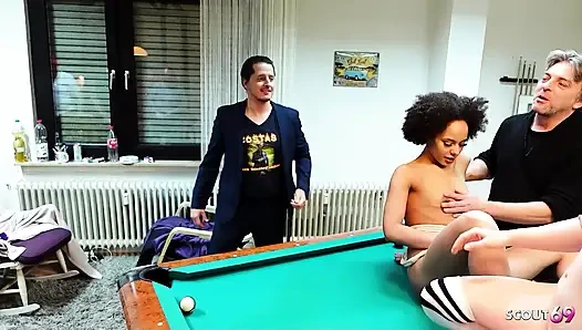 Skinny German Latina and Dirty Teen Talk Older Guys to Group Sex at Public Bar