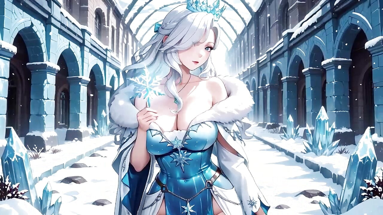 Mage de glace aux cheveux argentés dans un crystal hall ! Casting magic tout en regardant sans effort froid, mais ses lèvres tremblent.