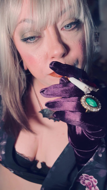 BBW Smoker Tina Snua Wears Purple Satin Gloves & Jewellery & Tip To Tail 2 Cigarettes - Domme Smoking BBW OMI OME | Clip 1