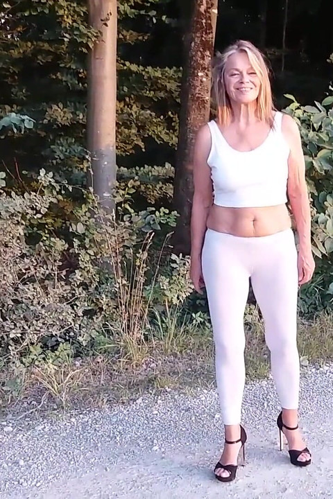Mature Woman in White Leggings Outside!