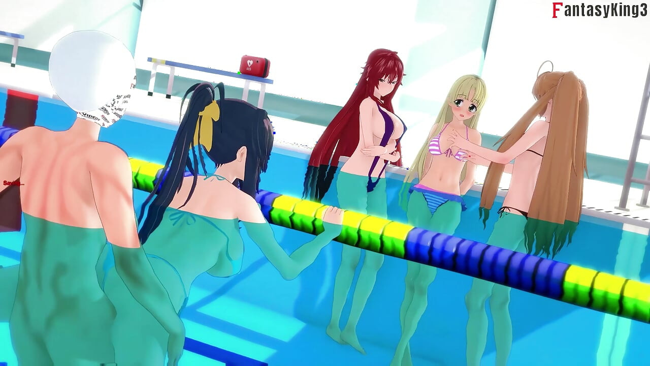 Rias & Akeno trio terwijl telefoongesprek en Akeno neukten in openbaar zwembad - DXD NTR Madness Series