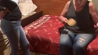 White girl gives Latina girl a spanking