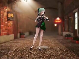 Genshin impact，keqing 脱衣服，跳舞和街头之夜性爱 3d 暗绿色头发颜色编辑 smixix