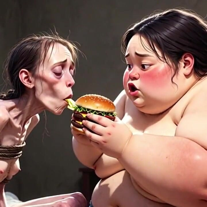 Magrinha sendo alimentada por enorme mulher gorda - fetiche de alimentação contrastante