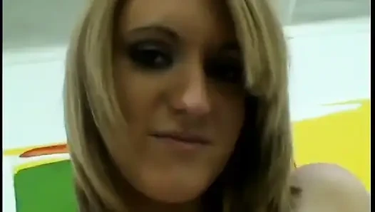 Blondie gets her natural tits squeezed before sucking guy's cock on the sofa