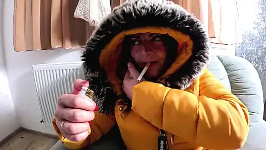 Smoking Phone Call Downjacket. Noisy Hooded Blowjob and Cum on My Coat