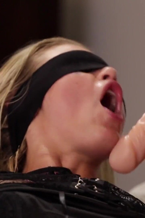 Scarlet Red Gets Surprised with Sexy Lingerie Then Blindfolded & Strap-on Fucked by Jenna Sativa