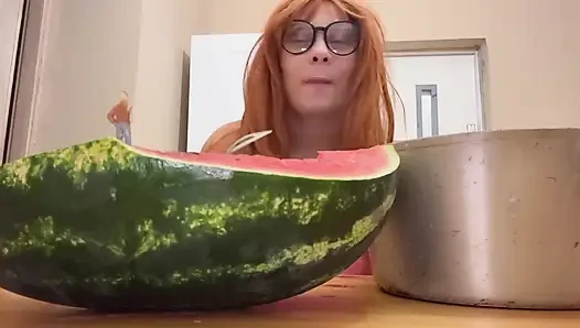 Giantess Stepsister Eats Watermelon and Is Really Horny While Tiny Stepbrother Watches Giantess Stepsister Eat