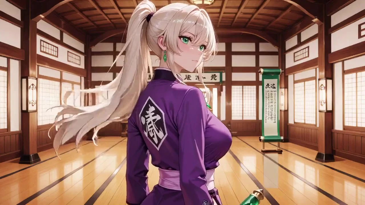 Mor Kimono Savaşçısı! Japon Dojo'da yasak alay. Kılıçla diz çöküyor, sırlarını ortaya çıkarmak için hem kaldırıyor.