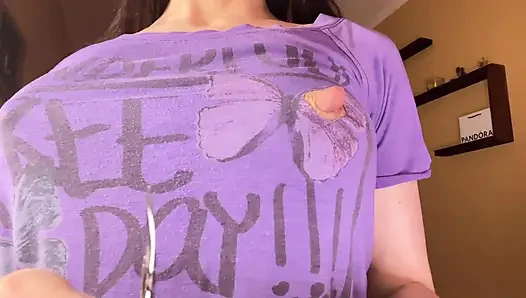 The MILF's nipples poked through her T-shirt, and she couldn't resist tearing it apart to play with them