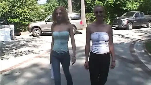 Curly Haired Blonde Flashes Her Snatch Outdoor and Rides Cock for Cum Reward